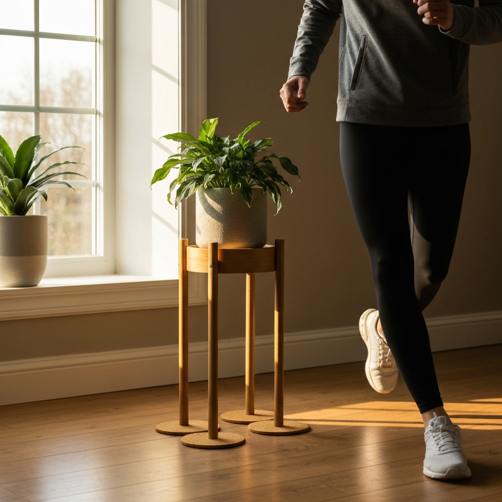 A well-lit living room corner featuring a plant stand with a potted plant on top. The plant stand has protective coasters underneath its feet to prevent scratching on the wooden floor. Soft, natural light streams in from a nearby window, creating a warm and inviting atmosphere.