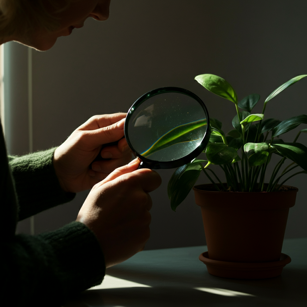 A person carefully inspecting the leaves of a potted plant with a magnifying glass. Natural light streams in from a nearby window, highlighting the texture of the leaves and any potential signs of pests. The focus is on the hand holding the magnifying glass and the plant's leaves.