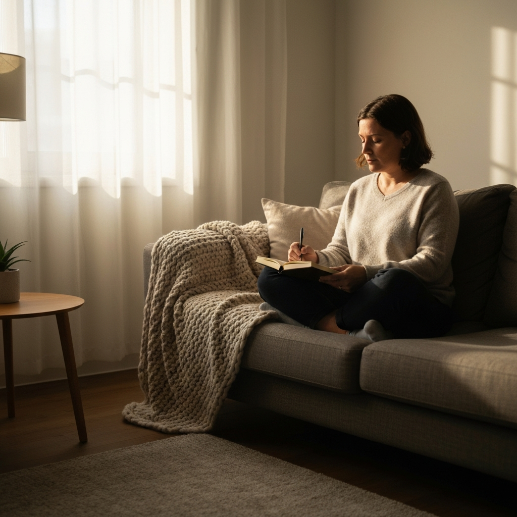 A person sitting cross-legged on a comfortable sofa in a warmly lit living room, a journal and pen in their lap. Soft, diffused light streams in from a nearby window, highlighting the textures of the knitted blanket draped over the sofa. The room is tidy and minimalist, creating a sense of calm.