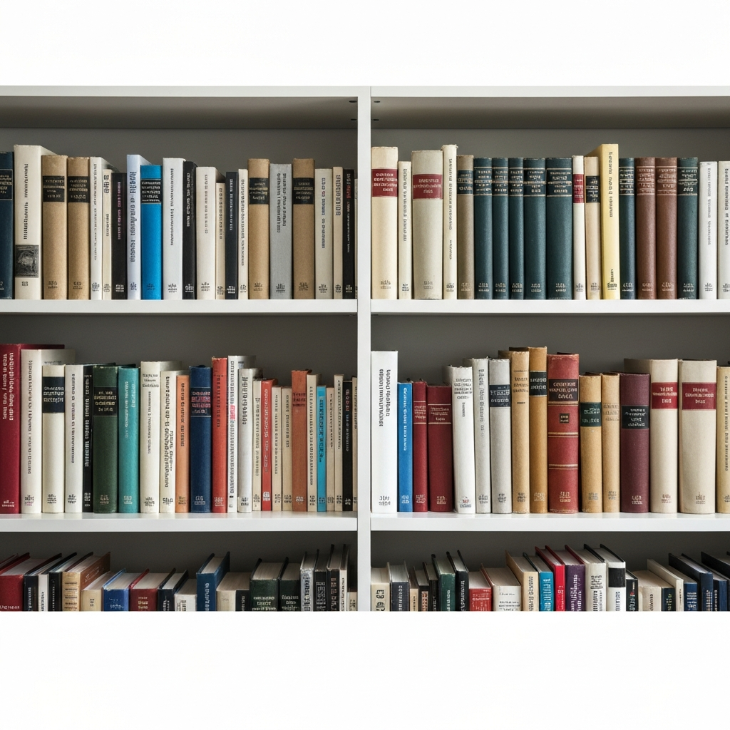 A well-stocked bookshelf filled with philosophy books. The books are neatly organized, and the lighting is soft and even, highlighting the spines of the books. The focus is on the textures of the paper and the worn edges of some of the older volumes.