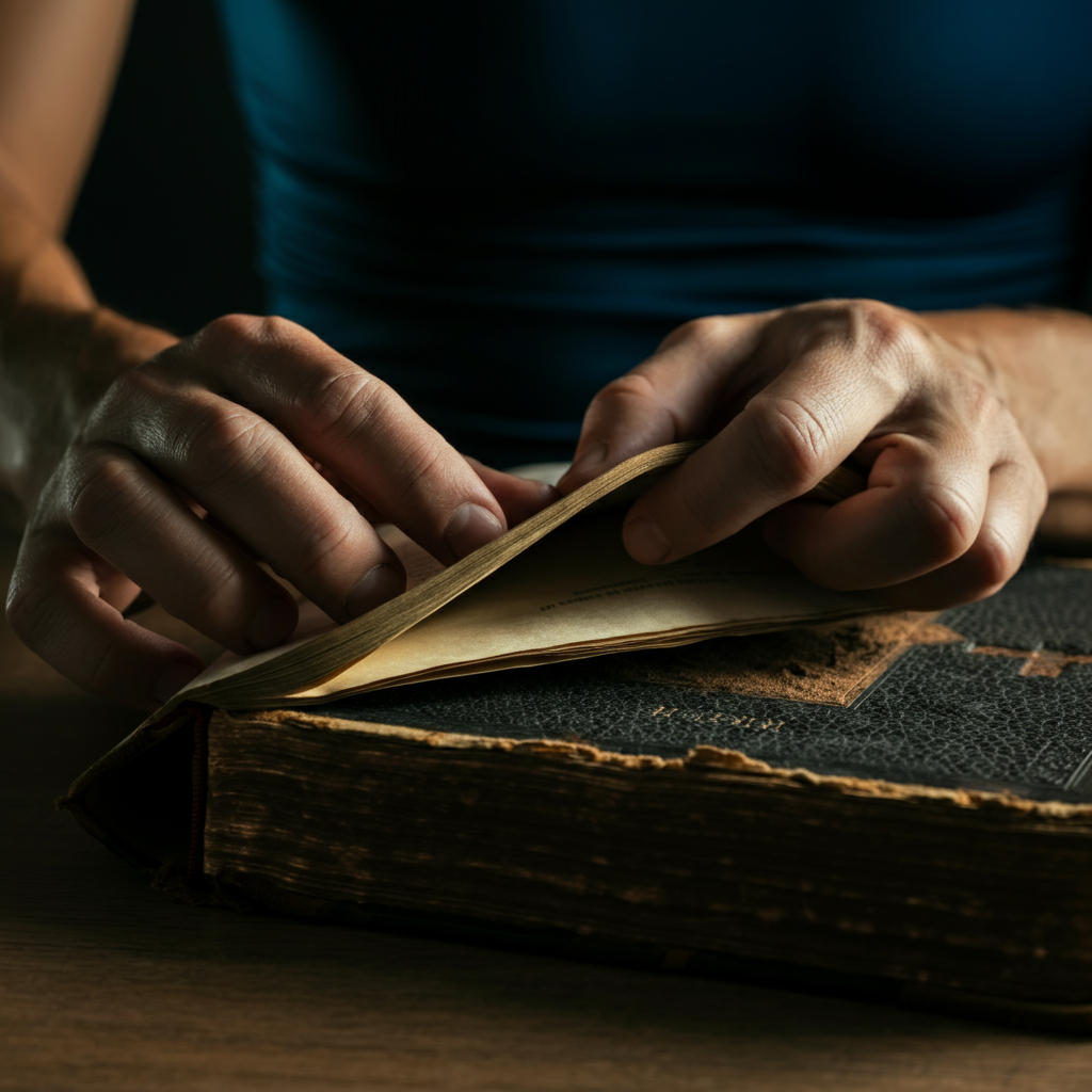 Hands gently turning the pages of an old, leather-bound religious text. The lighting is warm and golden, emphasizing the texture of the aged paper and the intricate details of the binding. The atmosphere is one of reverence and quiet contemplation.