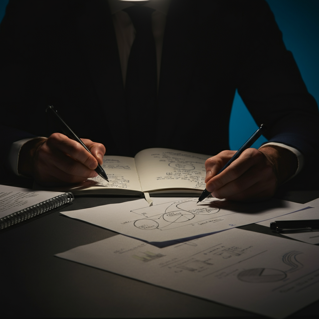 A cluttered desk with papers, notebooks, and pens scattered across the surface. The lighting is bright and focused, illuminating the details of the notes and diagrams. The scene suggests a process of active learning and intellectual exploration.