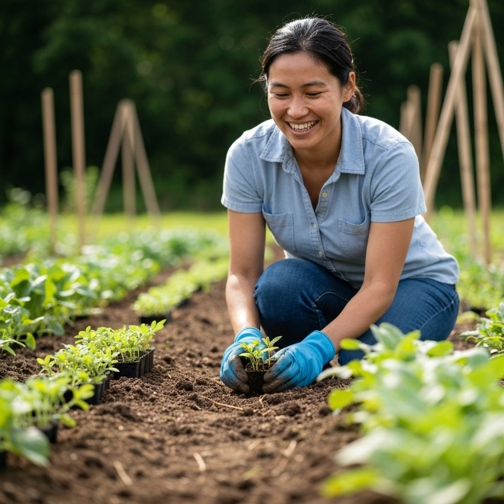 A person volunteering in a community garden, planting seedlings with a smile. The lighting is natural and bright, highlighting the vibrant colors of the plants and the earth. The scene conveys a sense of purpose and connection to the natural world.