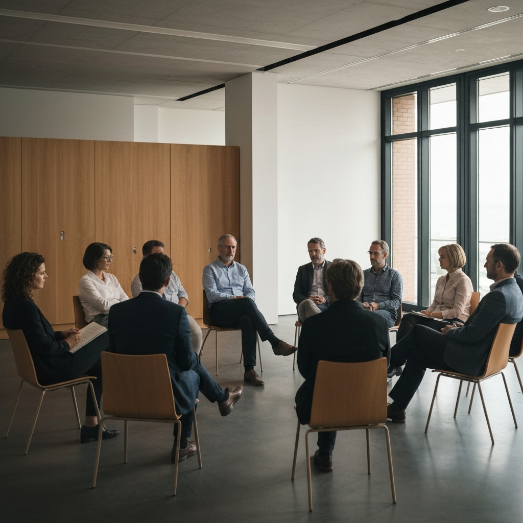 A group of people sitting in a circle, engaged in thoughtful conversation. The lighting is warm and intimate, creating a sense of connection and shared understanding. The scene suggests a supportive community and a commitment to lifelong learning.