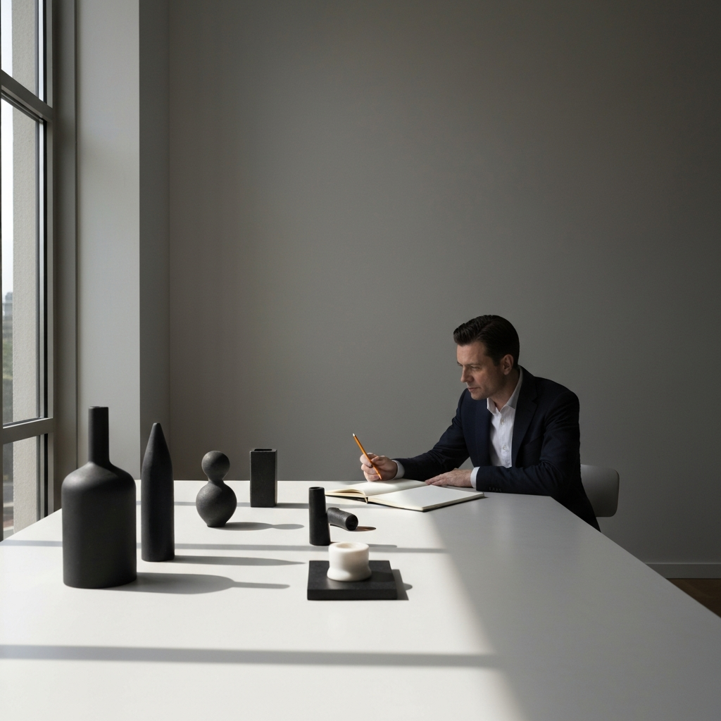 A person sitting at a table with a sketchbook and pencil, gazing at a collection of objects arranged in front of them. Soft, diffused light coming from a window to the side. The objects cast gentle shadows on the table.