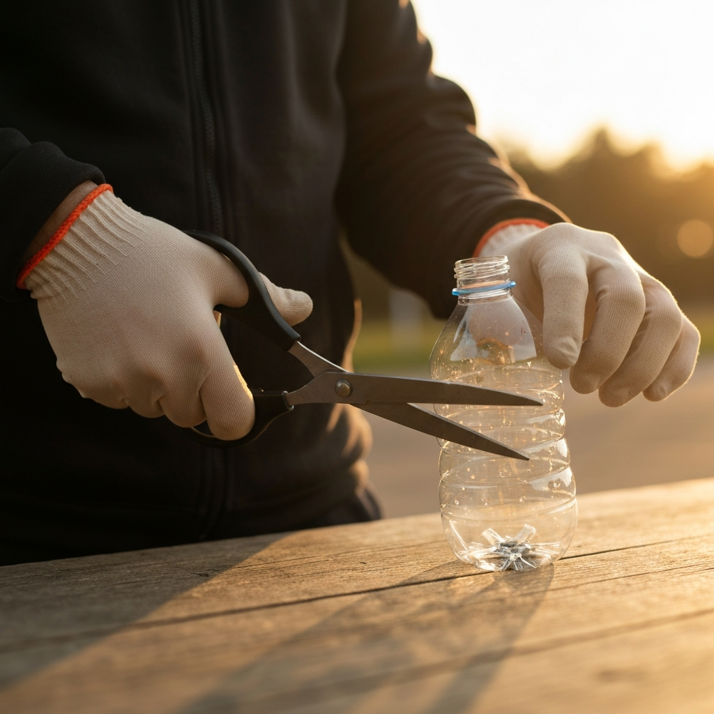 Close-up shot of hands wearing protective gloves, carefully cutting a plastic bottle with scissors. Good depth of field, with the scissors and bottle in sharp focus. Soft, even lighting.
