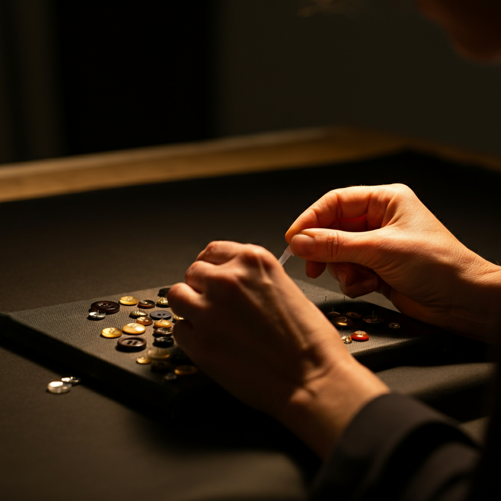 A pair of hands carefully gluing small buttons onto a canvas. Golden hour lighting creates warm highlights on the textures of the buttons and canvas. Shallow depth of field, with the background blurred.