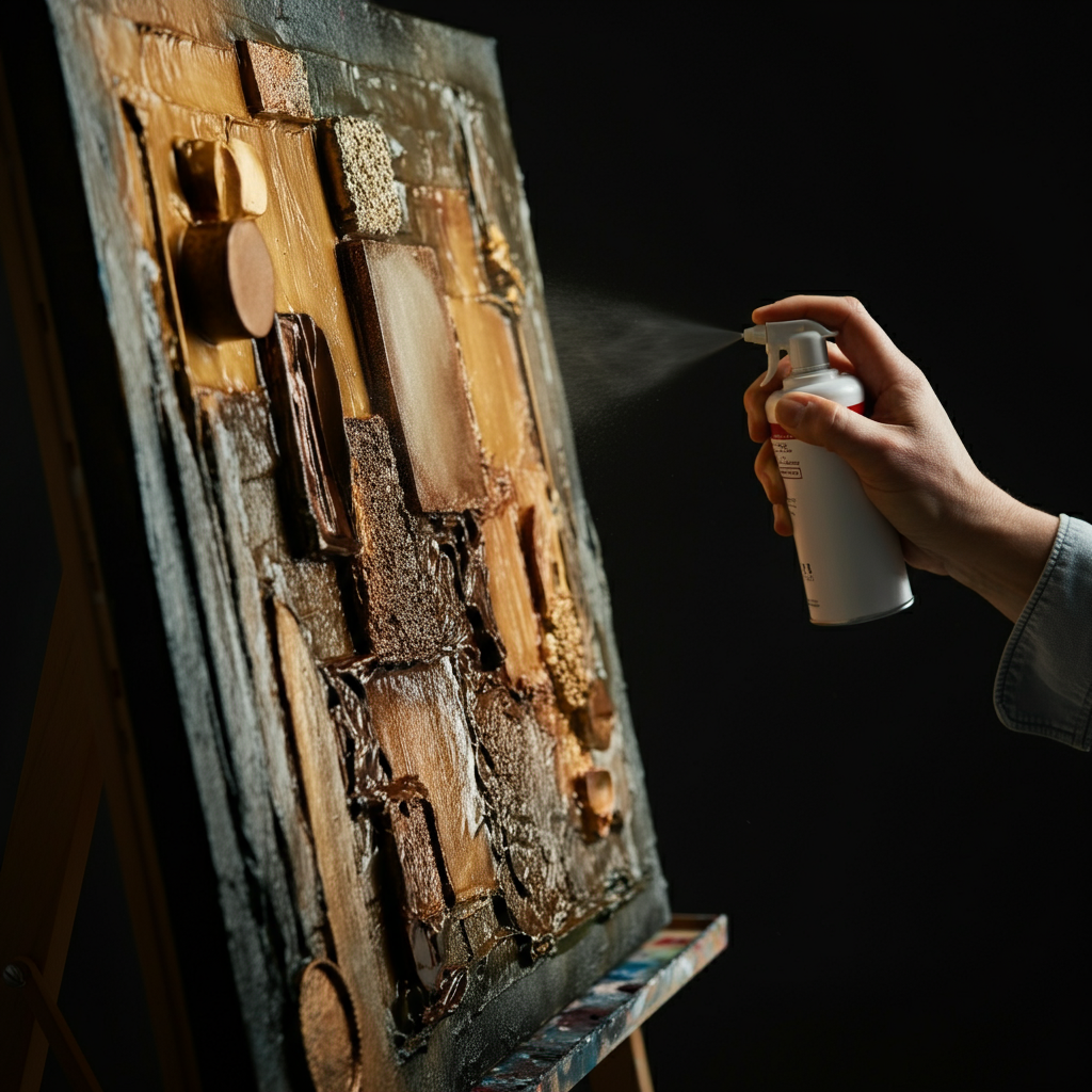 A partially completed artwork made of various objects, resting on an easel. A hand is shown carefully spraying a light coat of varnish onto the surface. Soft, diffused lighting highlights the textures of the different materials.