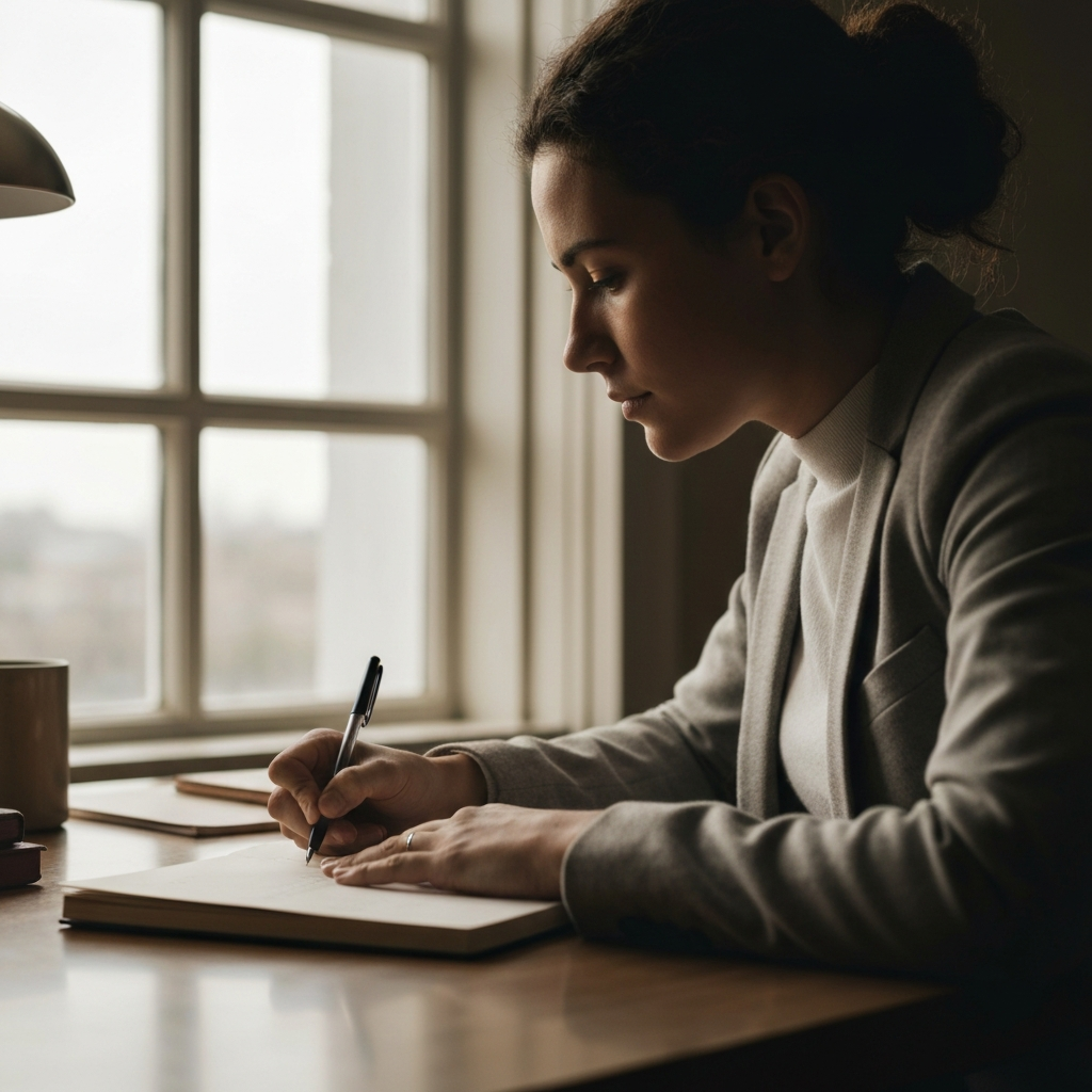 A brightly lit study with a person sitting at a desk, writing in a journal. Soft daylight streams through the window, highlighting the texture of the paper and the focused expression on the person's face.