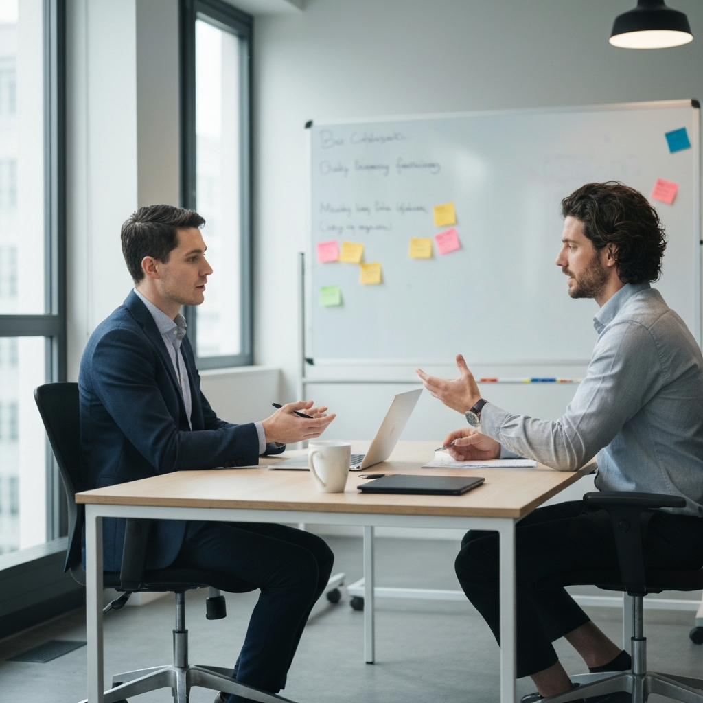 A collaborative workspace with two people engaged in a thoughtful discussion. Natural side-lighting emphasizes the depth of their expressions and the textures of the office environment, including a whiteboard with notes.