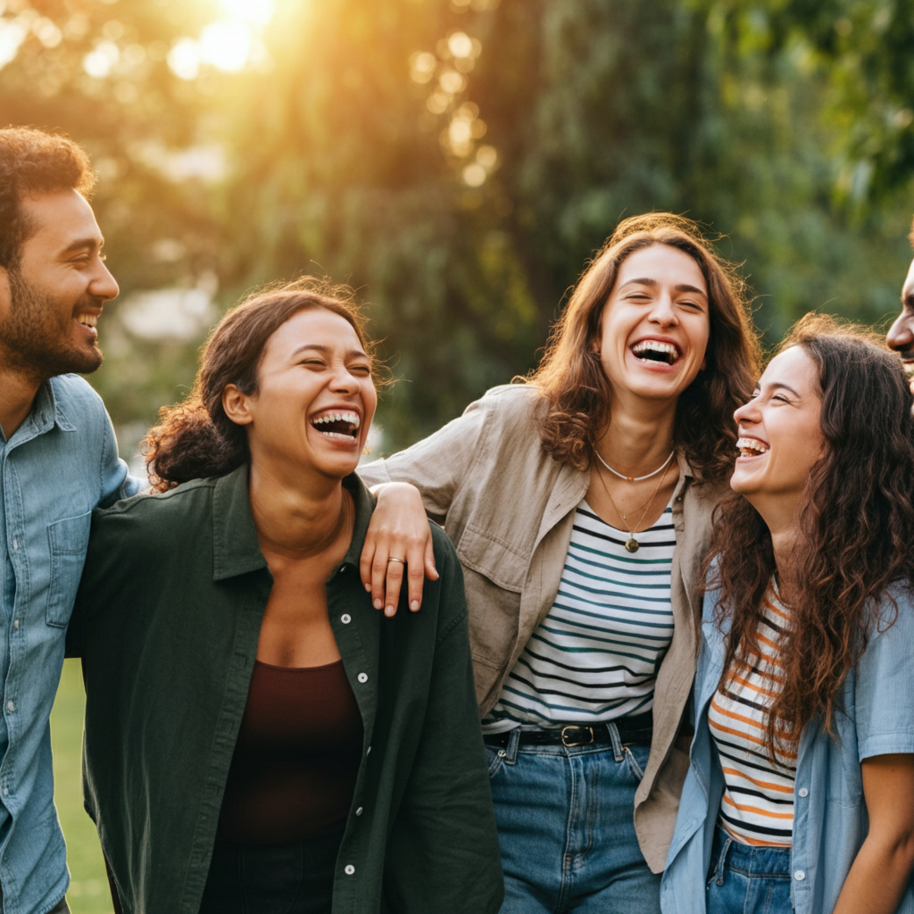 A group of friends laughing together in a park. Golden hour lighting creates a warm and inviting atmosphere, highlighting the genuine joy and camaraderie between them. Focus is on natural poses and authentic expressions.