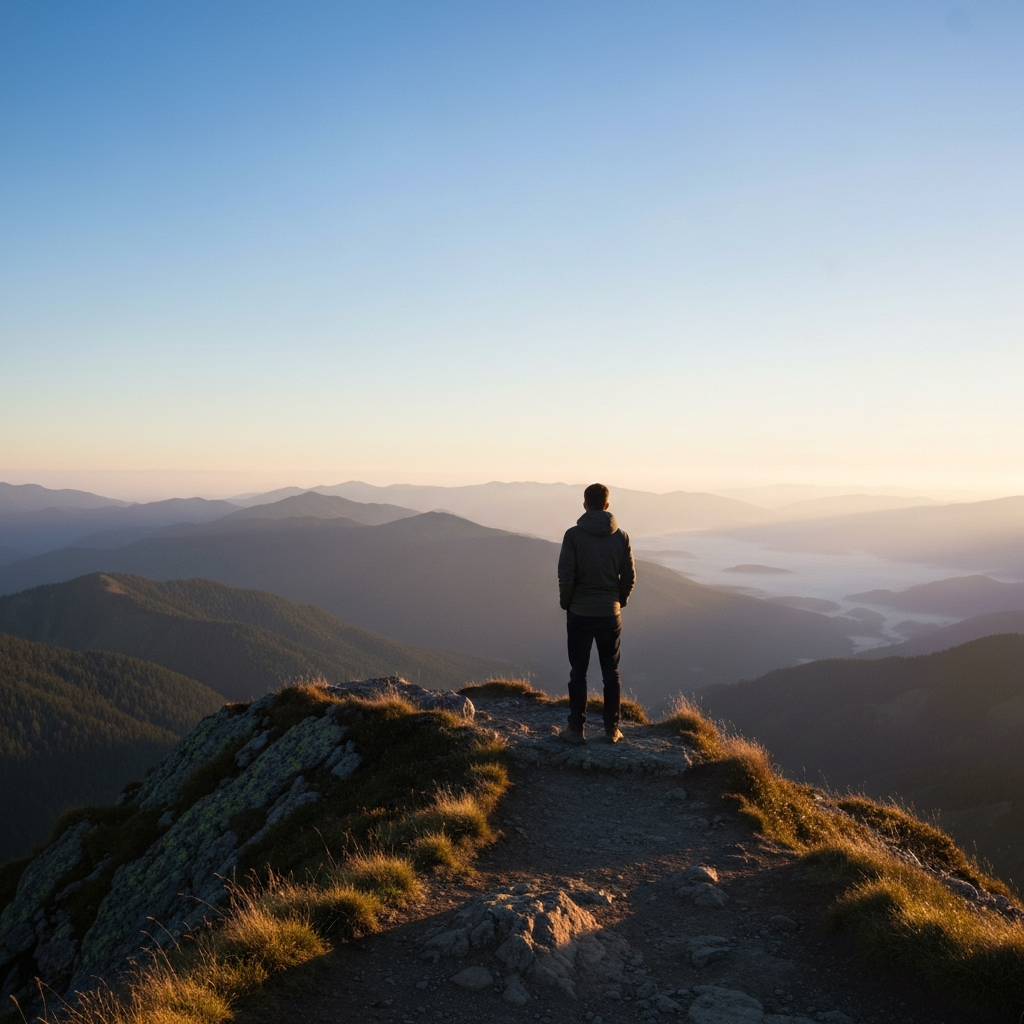A mountain vista at sunrise, with a person standing on a peak, gazing out at the landscape. The soft morning light and vast expanse create a sense of accomplishment and personal reflection. Focus is on the scale of the environment and the solitary figure.