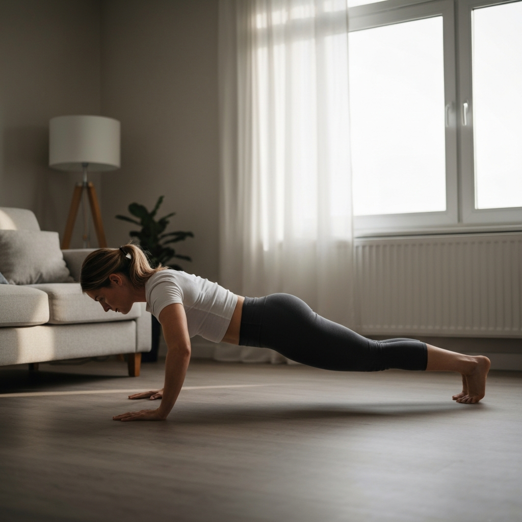 A well-lit living room with a woman performing a perfect push-up. Focus on her straight back and engaged core. Soft lighting from a nearby window illuminates her form.