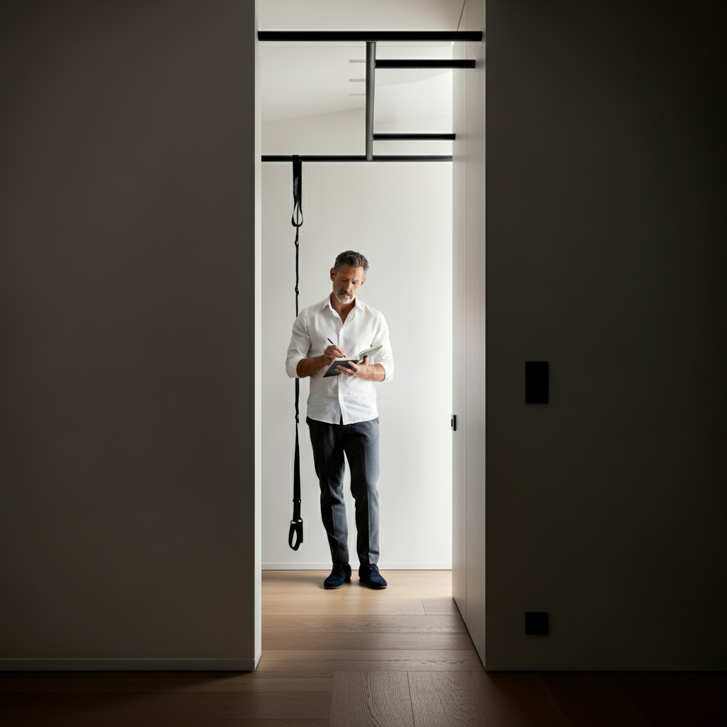 A man standing in a minimalist home office, writing in a notebook. A pull-up bar is discreetly mounted in the doorway behind him, blurred slightly with soft bokeh.