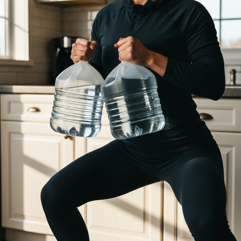 A brightly lit kitchen. A woman is holding two gallon jugs of water, about to perform a squat. The focus is on her posture and the water jugs. The kitchen countertop is in the background with soft, natural light.