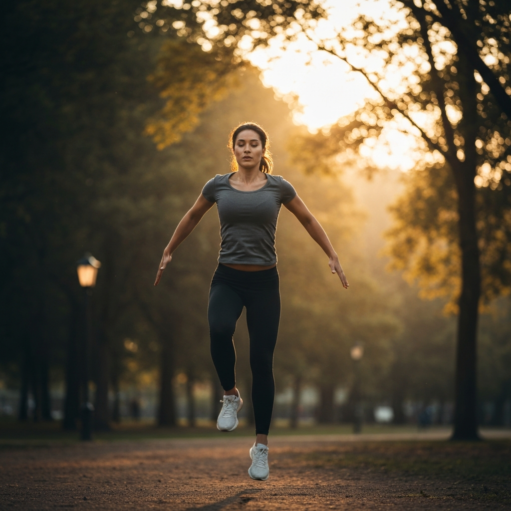 A park at golden hour. A person is captured mid-jump during a jumping jack exercise. The background has soft, warm lighting and blurred trees.