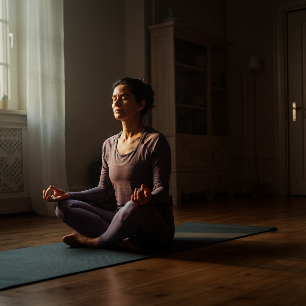A person sitting cross-legged on a yoga mat in a living room, eyes closed, hands resting on their knees in a meditative pose. The lighting is soft and natural.