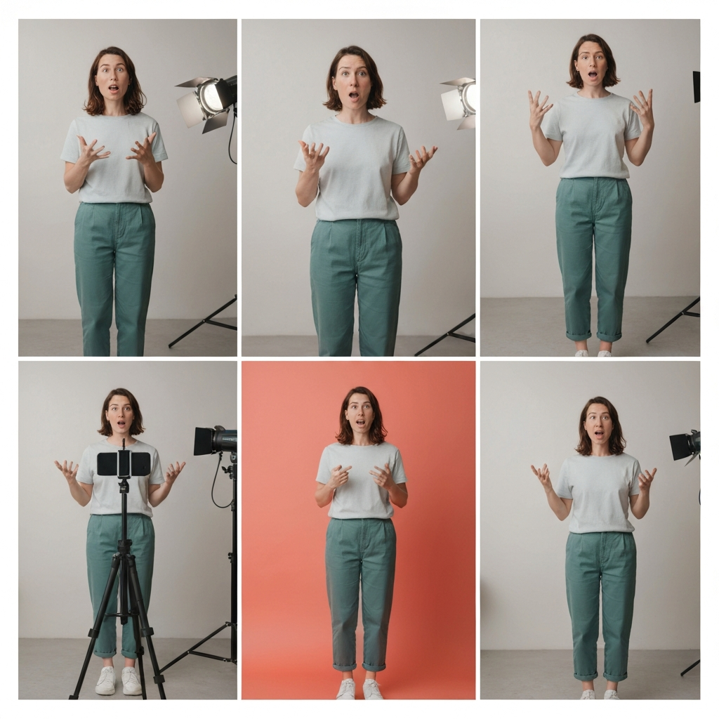 A well-lit studio space with a smartphone mounted on a tripod. A person stands in front of a brightly colored backdrop, demonstrating different hand gestures and facial expressions. Soft bokeh in the background showcases studio lighting equipment. Clothing is simple, solid-colored, and professional.