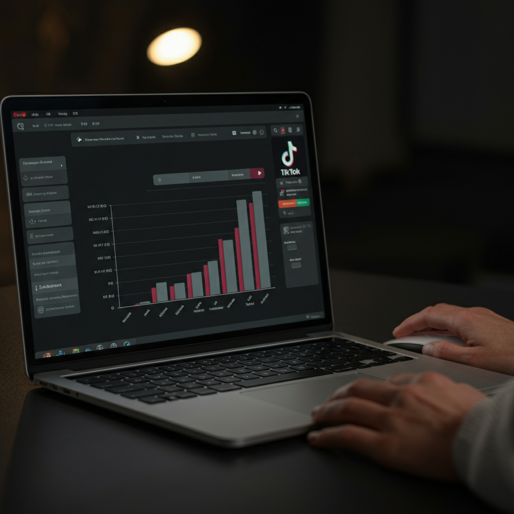 A laptop screen displays a graph illustrating the performance of a TikTok video over time. The background is a modern, minimalist office space. Soft, indirect lighting creates a professional and analytical atmosphere. Hands are shown using a mouse.