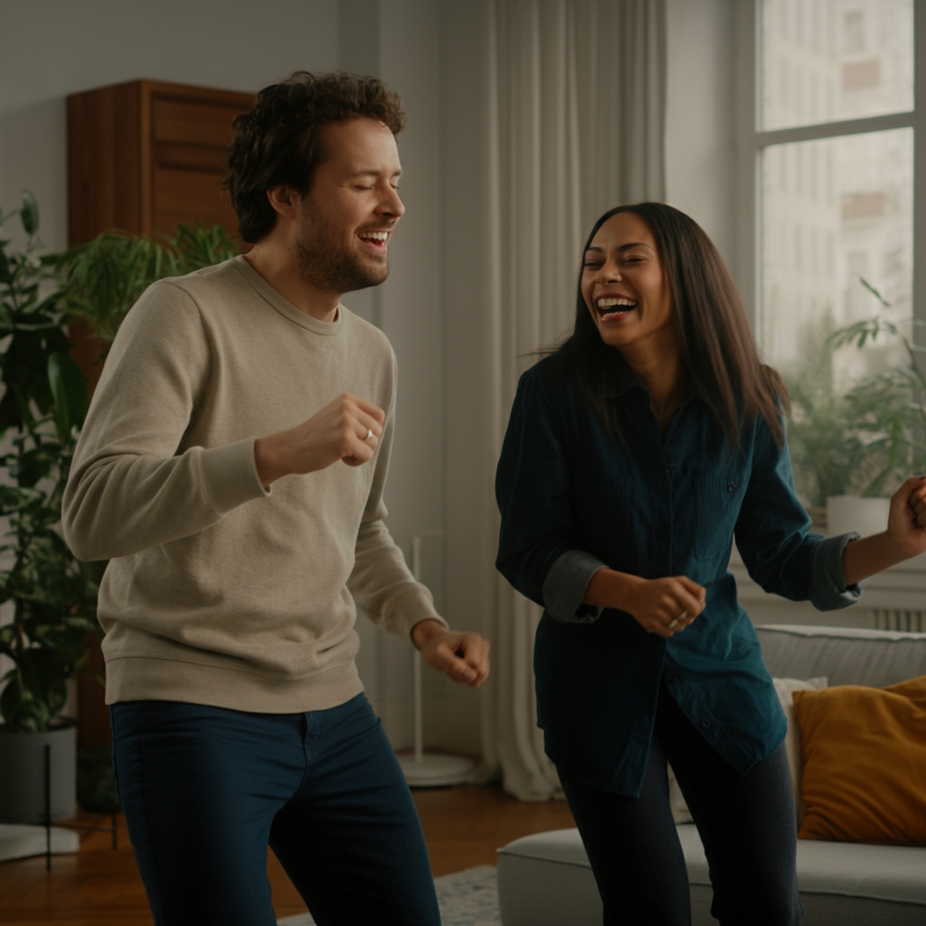 Two people in a brightly lit living room, laughing and filming a TikTok video together. They are mimicking the dance moves of a popular trend. The room is decorated with modern furniture and plants. Natural light fills the space.