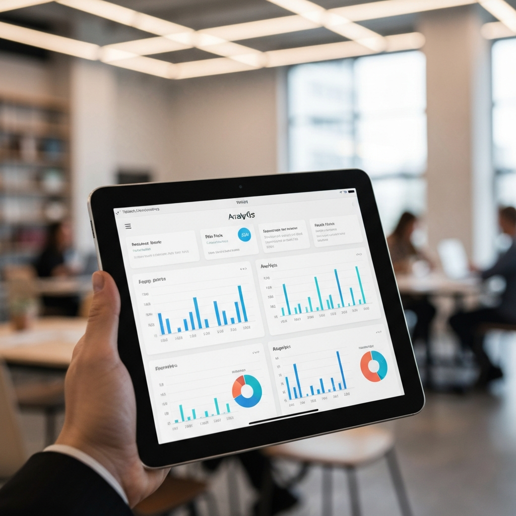 Close-up shot of a tablet screen displaying TikTok analytics. The tablet is held by a hand. The background is blurred, suggesting a busy co-working space. The screen shows graphs and charts illustrating engagement metrics.