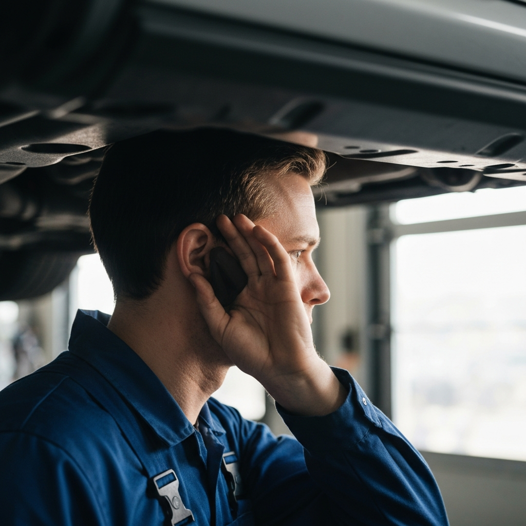 A close-up shot of a mechanic's ear, side-lit with soft bokeh, listening intently towards the undercarriage of a car. The mechanic is wearing clean, dark blue overalls. The surrounding garage is well-lit but slightly out of focus.