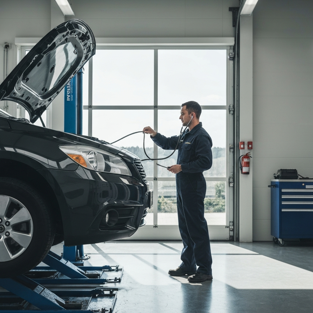 A clean, organized automotive garage. A mechanic, dressed in professional attire, is using a stethoscope to listen to the engine of a car on a lift. Natural light streams in from a large window, illuminating the engine bay.