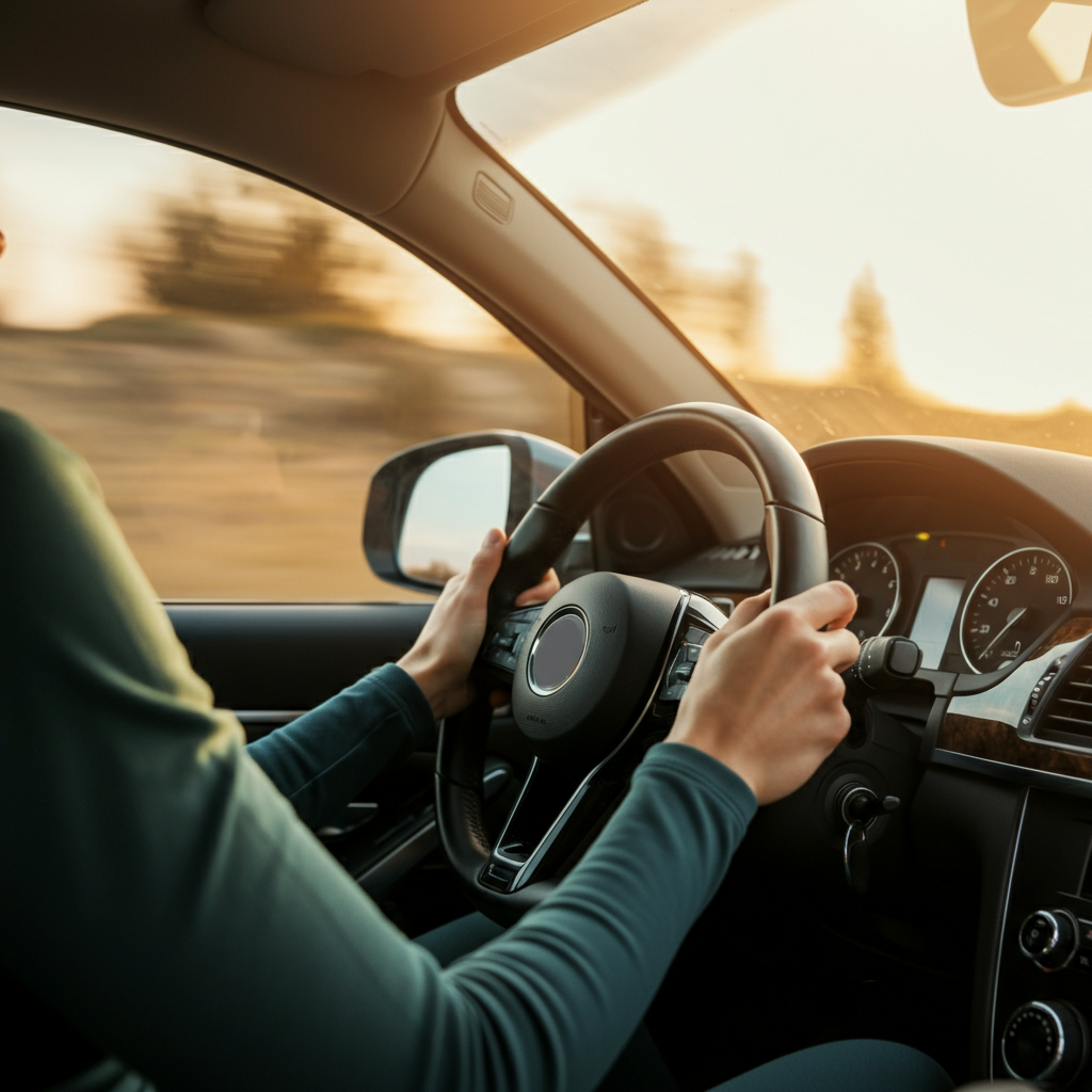 The interior of a car, focusing on the dashboard and steering wheel. A driver's hands are visible, gripping the steering wheel. Sunlight is streaming in, creating a warm, inviting atmosphere. The car is in motion, blurring the outside scenery.