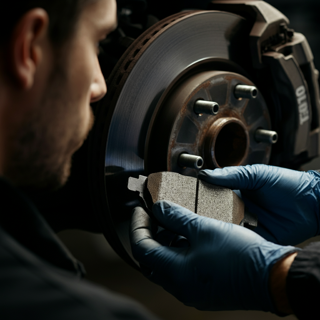 Close-up, side-lit shot of a mechanic inspecting brake pads. The pads show clear signs of wear. The background shows a blurred brake rotor and caliper, highlighting the texture and contrast.