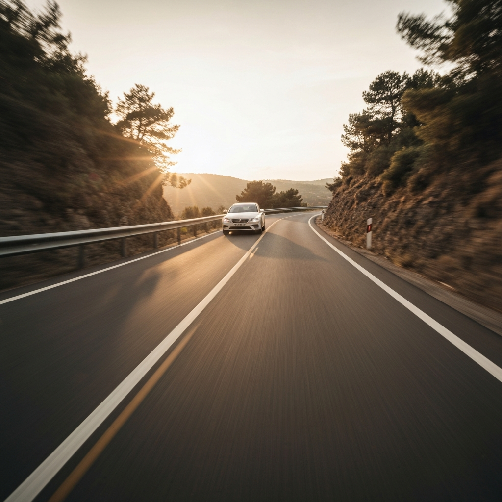 A car driving on a winding road, bathed in golden hour lighting. The car is moving at a moderate speed, and the driver is focused on the road ahead. The scenery is slightly blurred to convey motion.