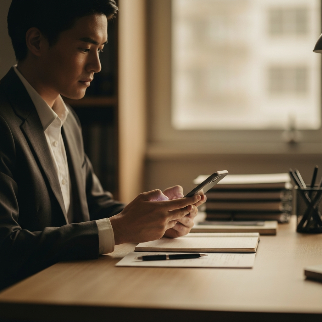 A person sitting at a desk in a warmly lit office, using a smartphone. The desk is tidy with a notebook and pen beside the phone. Soft bokeh in the background with blurred office supplies.