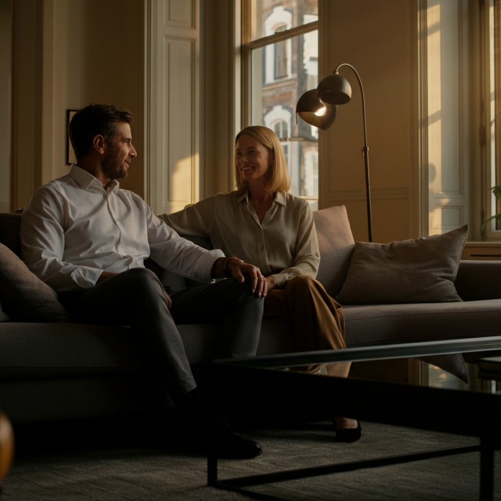 A couple sitting on a couch in a living room, discussing and smiling. Natural light streaming in through the window. The scene is warm and inviting with soft focus on the background.