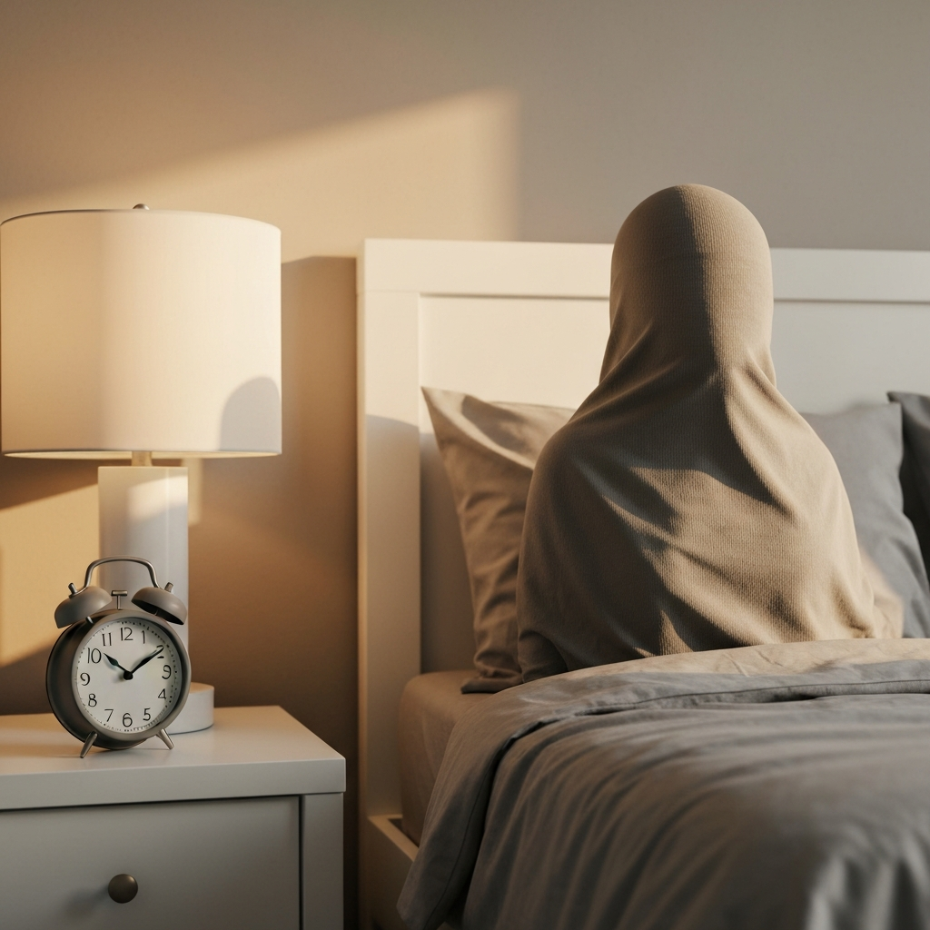 A brightly lit, modern bedroom. An analog alarm clock sits on a nightstand. Soft linens and a minimalist design create a peaceful atmosphere.