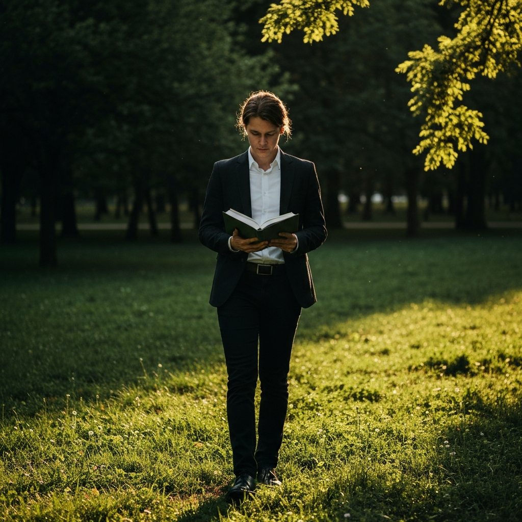 A person walking through a lush green park, holding a book instead of a phone. Golden hour lighting creates long shadows and warm tones. The person is casually dressed and relaxed.