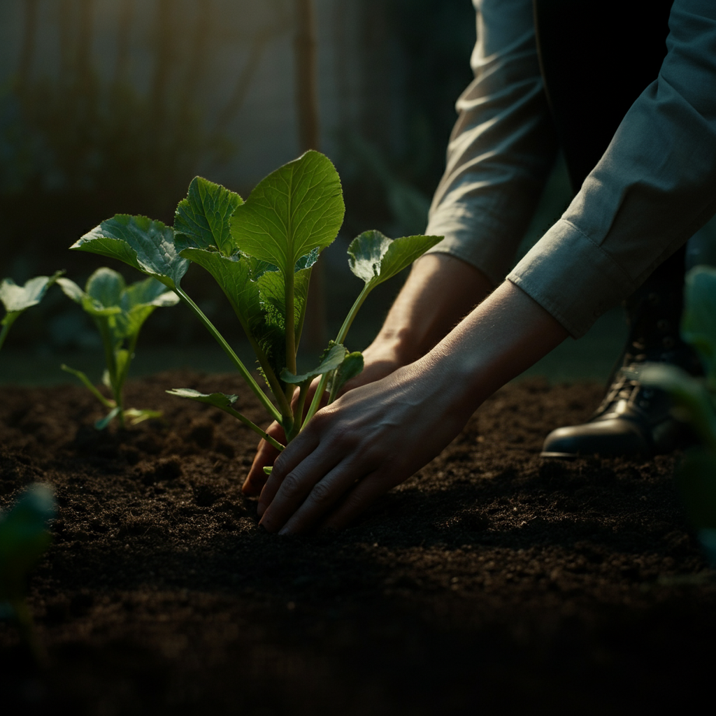 Close-up shot of hands gently tending to plants in a garden. Side-lit textures on the soil and leaves. The scene conveys a sense of peace and tranquility.