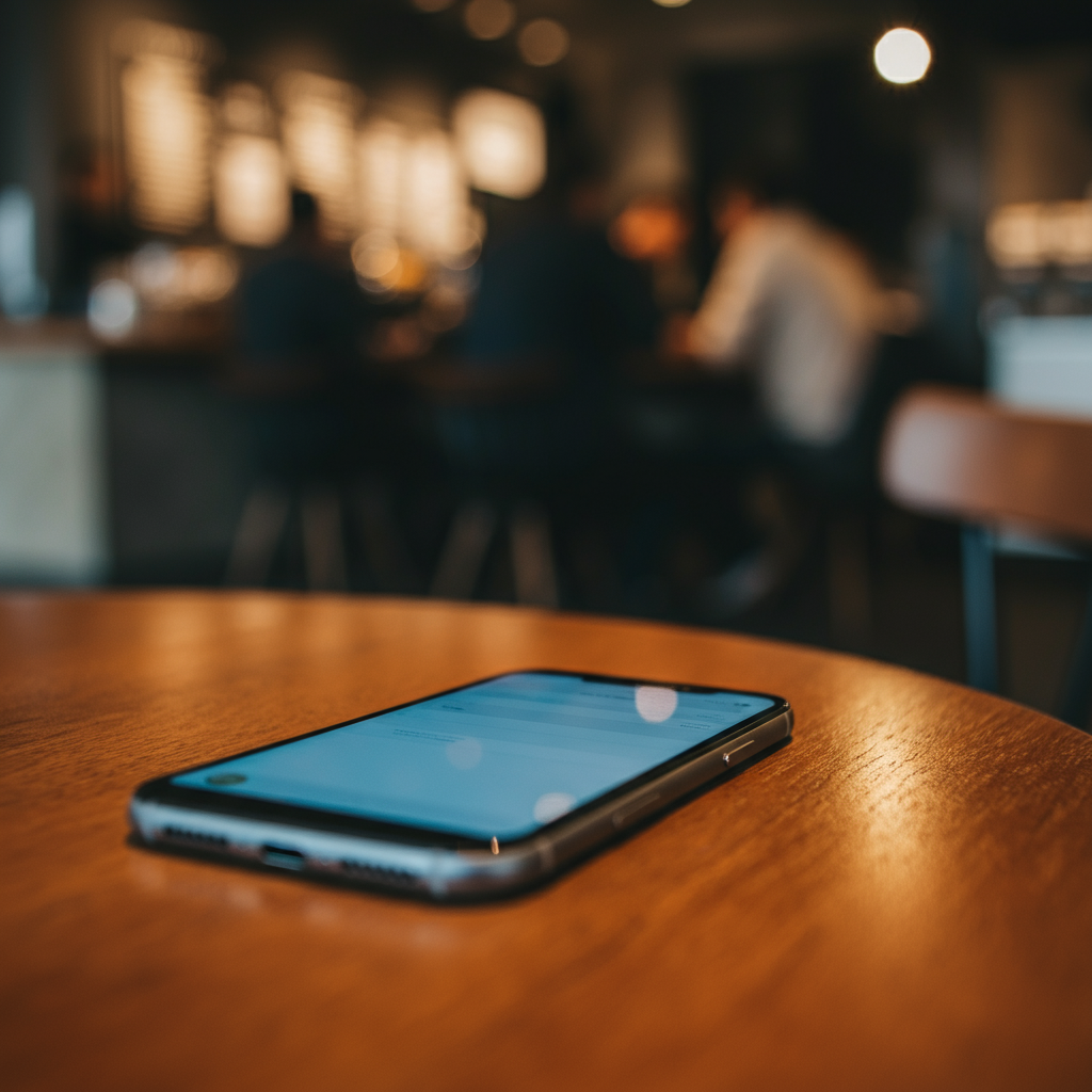 A smartphone lying face down on a wooden table in a coffee shop. The scene is dimly lit with a soft, blurred background of people and coffee cups.