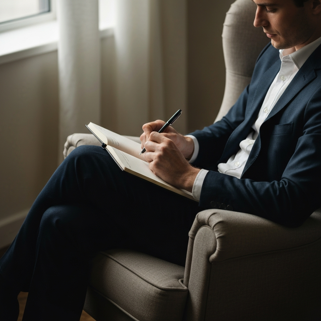 A person sitting in a comfortable armchair, journaling with a pen and paper. Soft, natural light illuminates the scene. The person is relaxed and contemplative.
