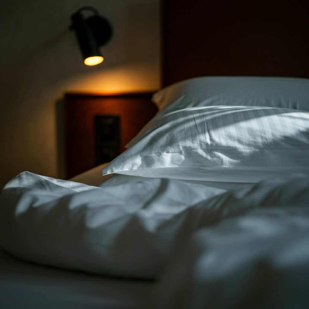 Close-up of perfectly made bed in a naturally lit bedroom. Crisp white sheets, fluffy pillows, and a neatly folded duvet. Soft bokeh effect in the background highlighting a bedside lamp.