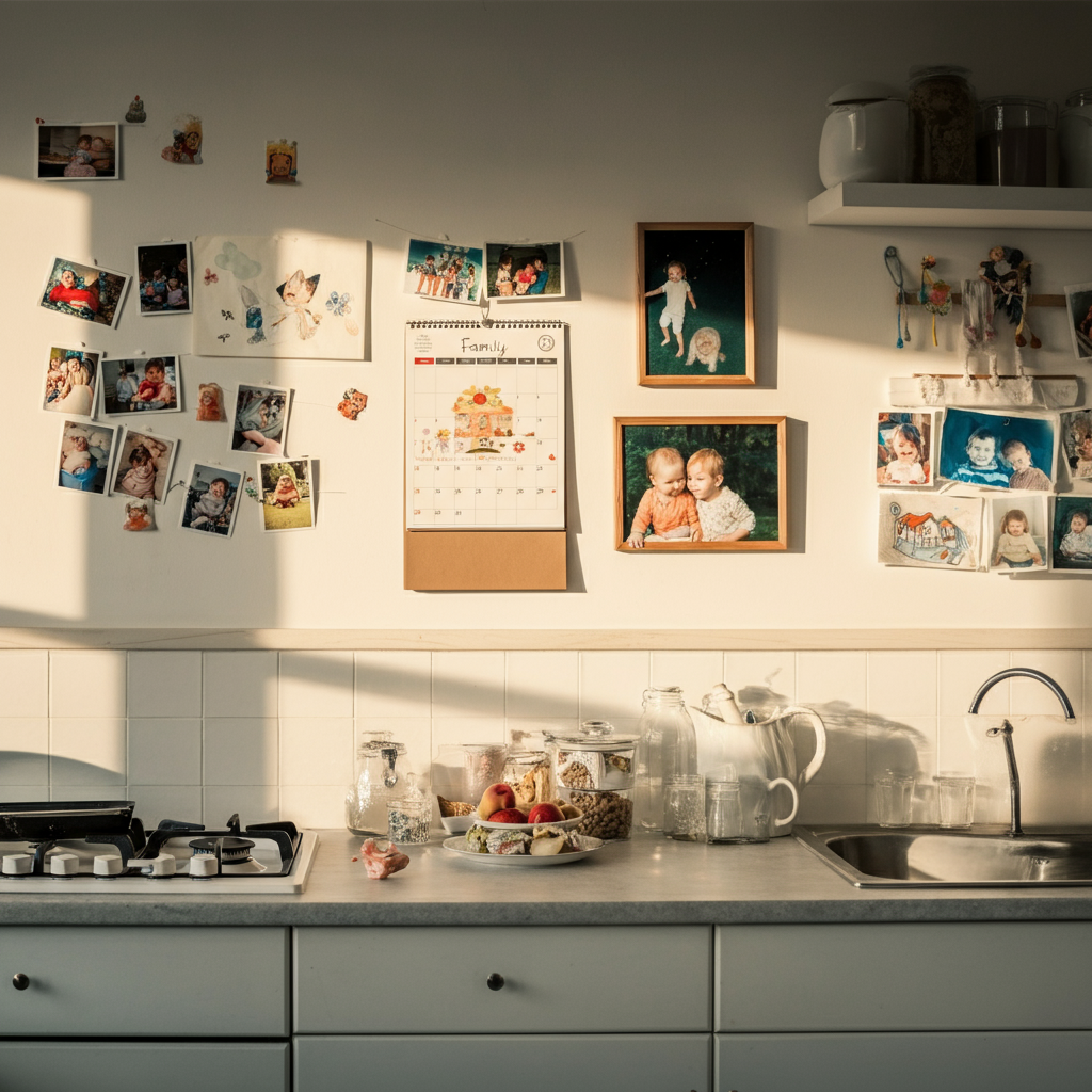 Wide shot of a bright, organized kitchen. A family calendar hangs on the wall, surrounded by neatly arranged family photos and children's artwork. Soft, ambient light filtering through a nearby window.