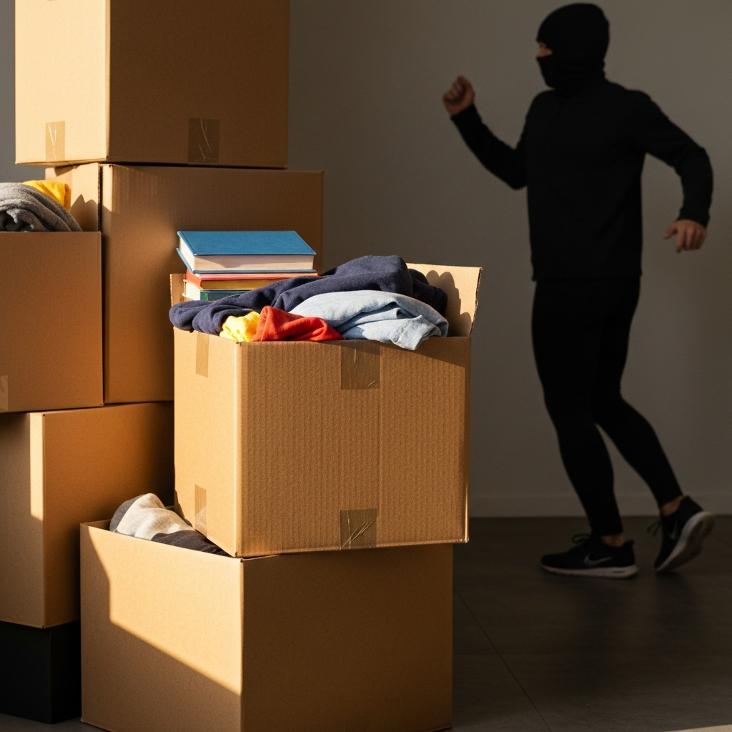 Soft focus on neatly stacked donation boxes filled with gently used clothing, books, and toys. Warm, natural light highlighting the texture of the cardboard boxes.