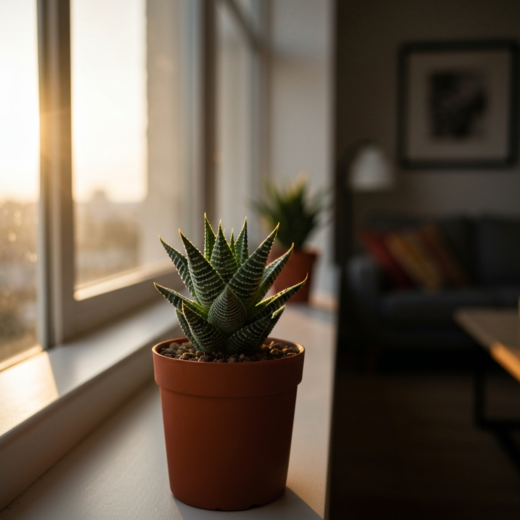 Close-up of a small, potted succulent on a windowsill bathed in golden hour light. Sharp focus on the plant's texture with soft bokeh highlighting the blurry background of a cozy living room.