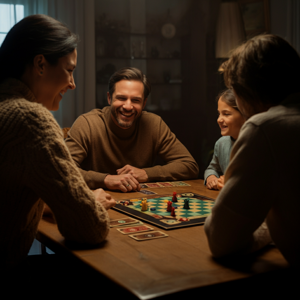 A family gathered around a well-lit wooden table, playing a board game. Warm, inviting lighting. Soft, diffused light highlighting the faces of the family members as they laugh and interact.