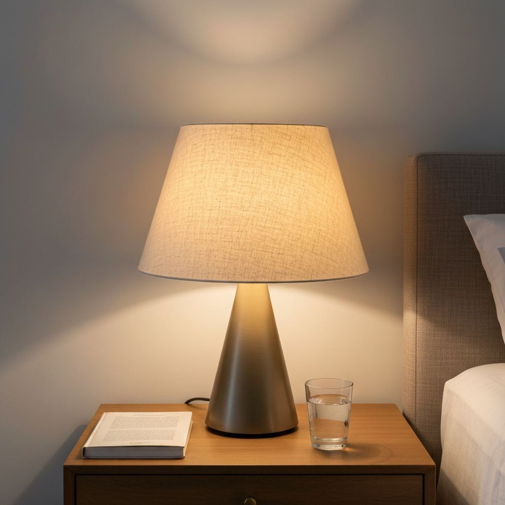 Detail shot of a bedside table with a lamp, a book, and a glass of water. Lamp casts a soft, warm glow. Linen texture of the book and the lamp creating a cozy mood.