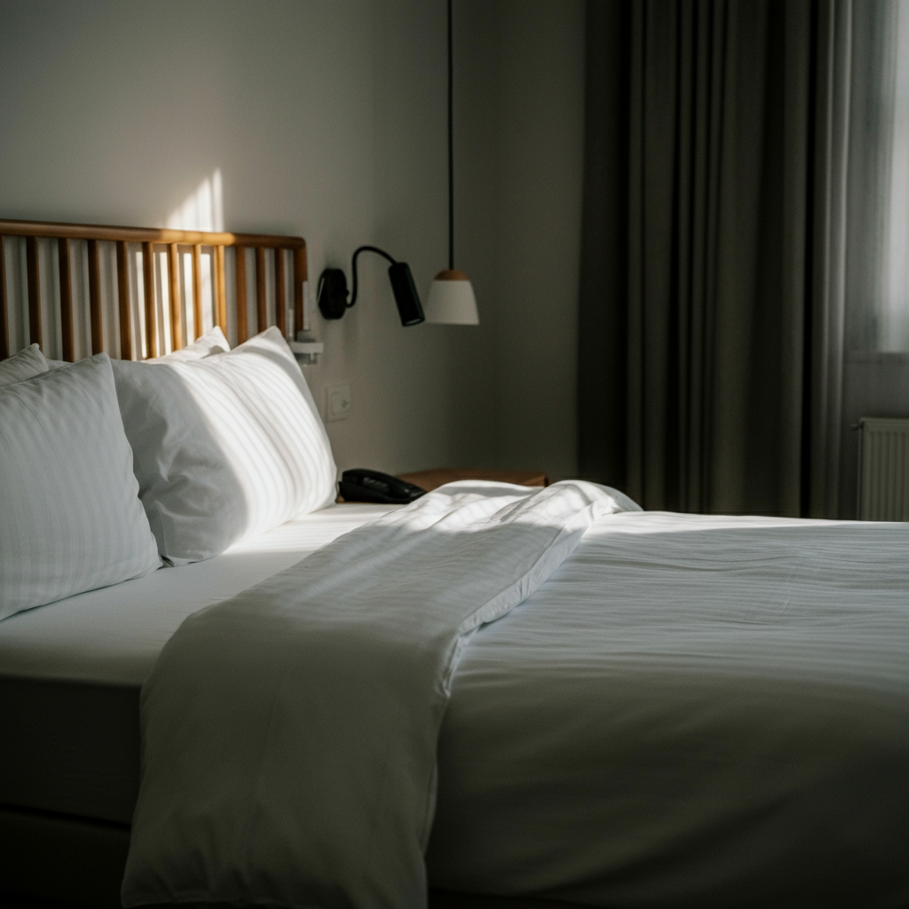 A well-lit bedroom featuring a meticulously made bed. Crisp white sheets are perfectly tucked with "hospital corners". Fluffy pillows are neatly arranged against the headboard. Natural light streaming in from a window creates a bright and inviting atmosphere.