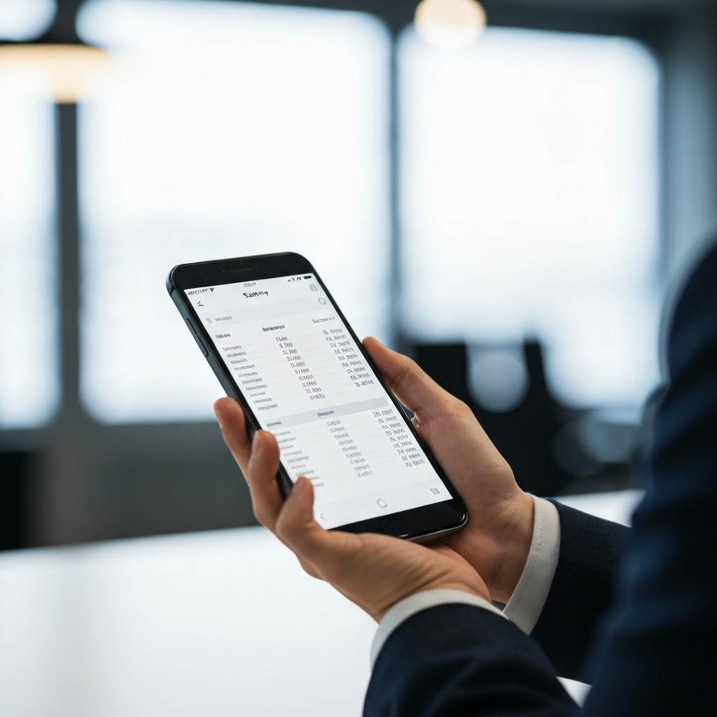 Close-up of a hand holding a smartphone, displaying survey results. Soft bokeh in the background highlights a brightly lit office space.