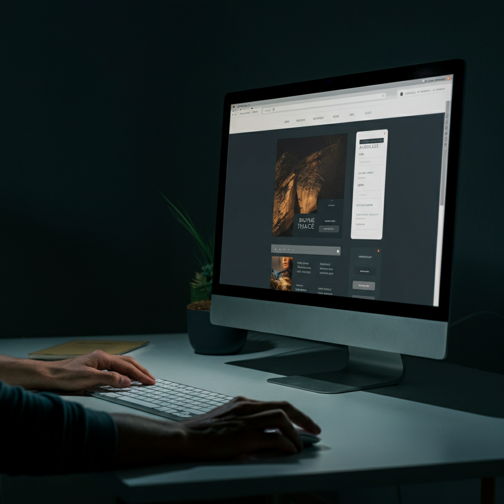 A computer screen displaying a simple website interface. A hand hovers over the mouse. The room is dimly lit, with the screen providing the primary light source.