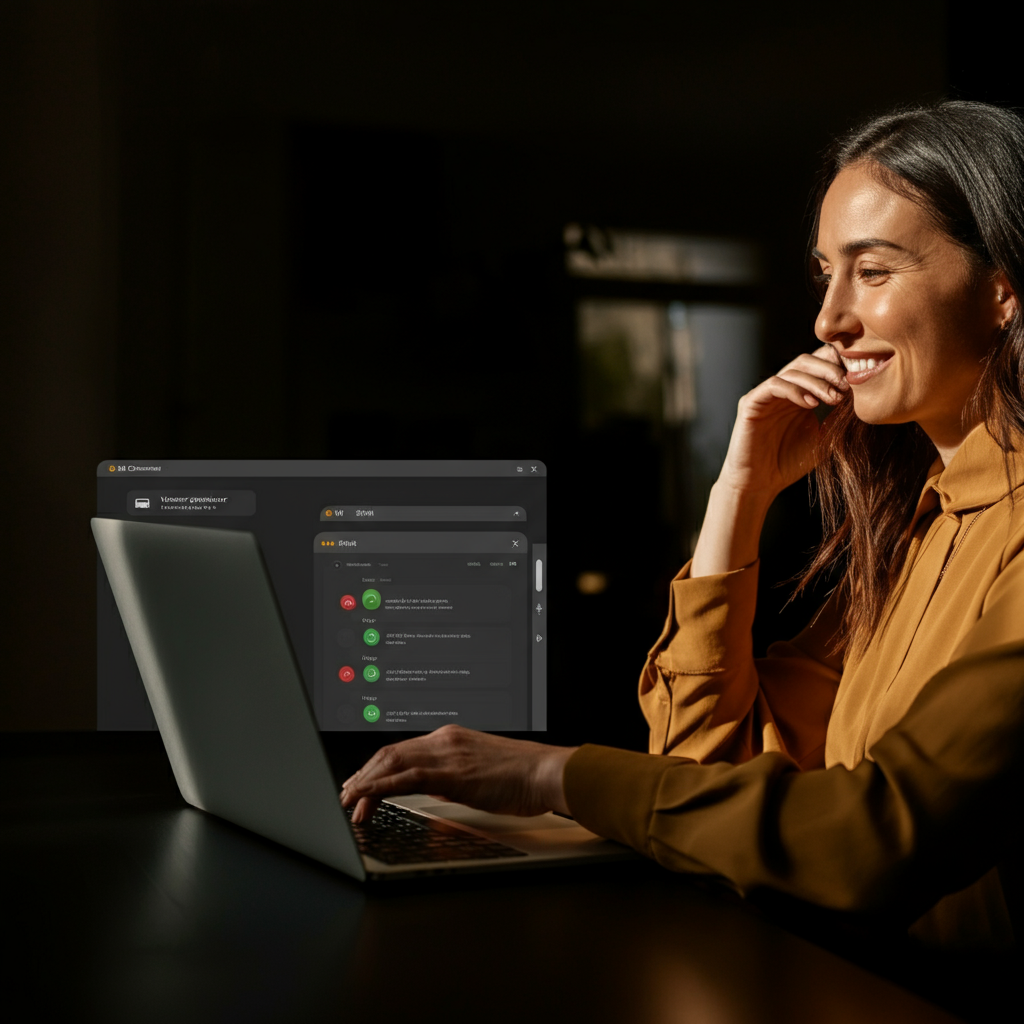 A woman sitting at a desk, smiling as she interacts with a customer service chat window on her laptop. Golden hour lighting streams in from a nearby window.