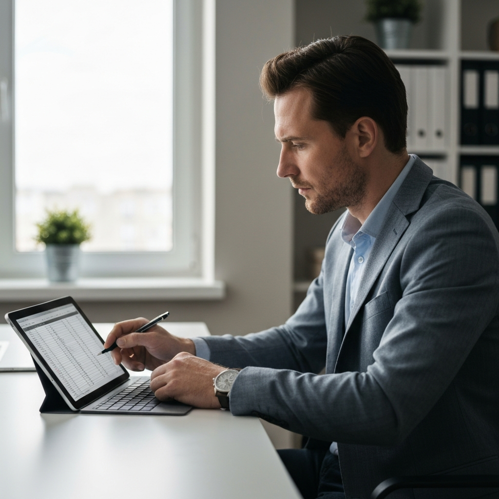 A man reviewing a spreadsheet on a tablet, his brow furrowed in concentration. The tablet rests on a simple, uncluttered desk in a home office setting.