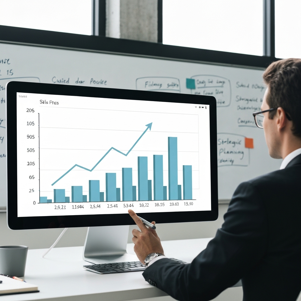 A graph showing upward trending sales numbers displayed on a monitor. A whiteboard in the background has strategic planning notes scribbled on it.
