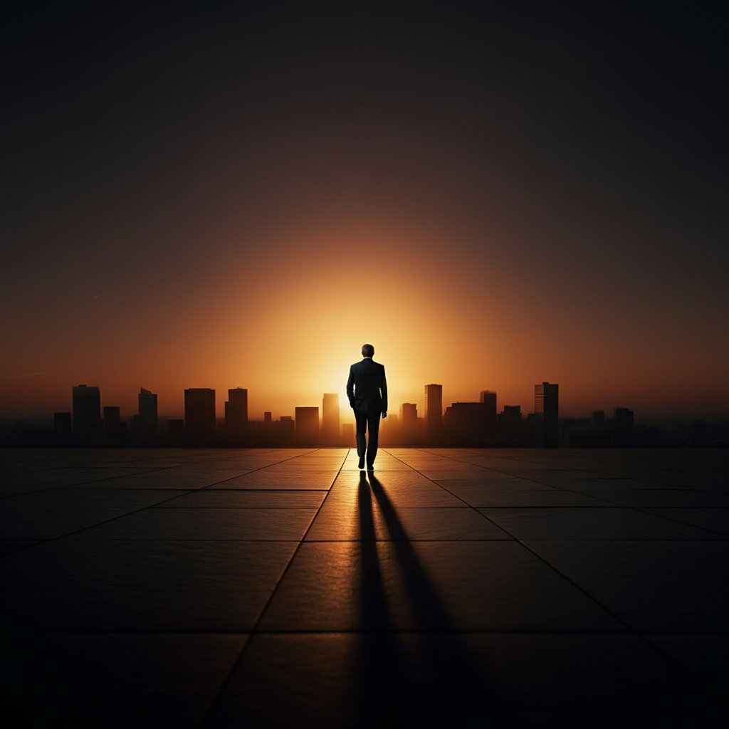 A sunrise over a city skyline. A lone figure walks purposefully towards the horizon, casting a long shadow. The sky is filled with vibrant colors.